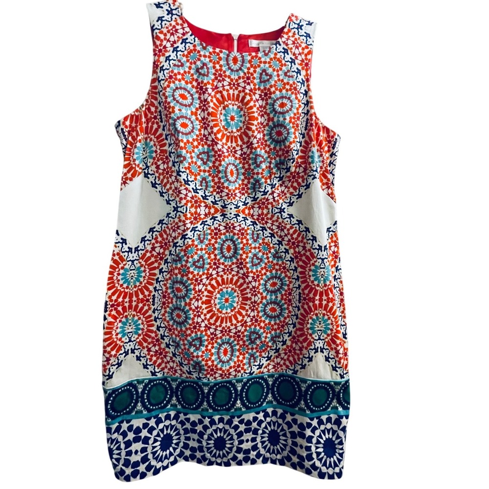 London Times Orange Blue Geometric Mandala Print Sheath Dress Women10 Sleeveless